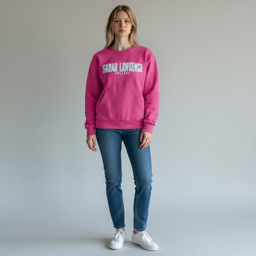 Upcycled Sarah Lawrence College Pink Crewneck Sweatshirt Pocket Womens Medium‎